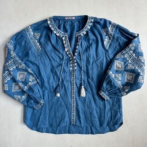 AURIE L'ATELIER Embroidered Linen Blouse In Azure